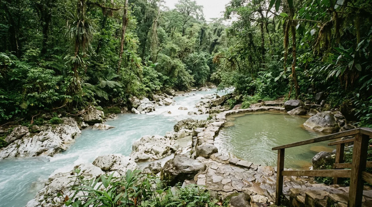 A turquoise river beside a green mineral hot spring pool on a Costa Rica hot springs tour to Blue River